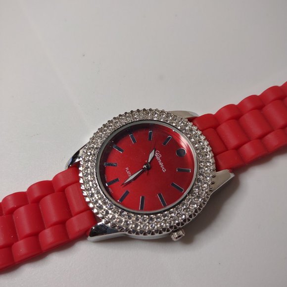 Geneva Platinum Watch With Red Rubber Band - Picture 2 of 11
